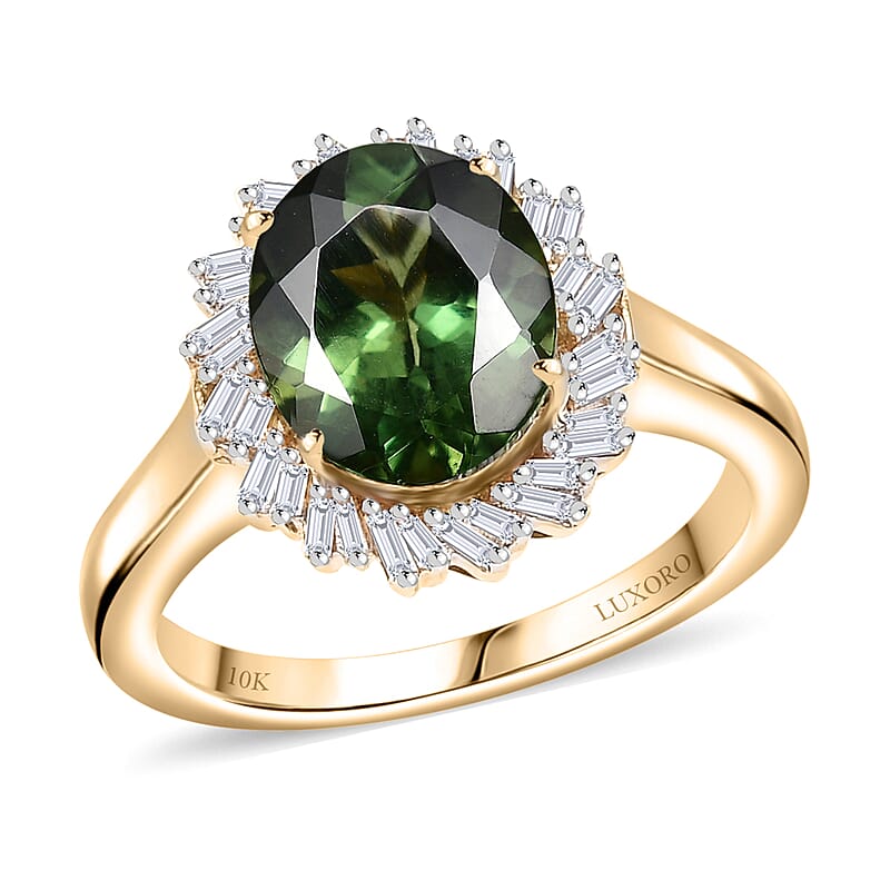 Luxoro Premium Madagascar Green Apatite and G-H I2 Diamond 3.15 ctw Verdant Blossom Ring in 10K Yellow Gold (Size 7.0) 4.30 Grams