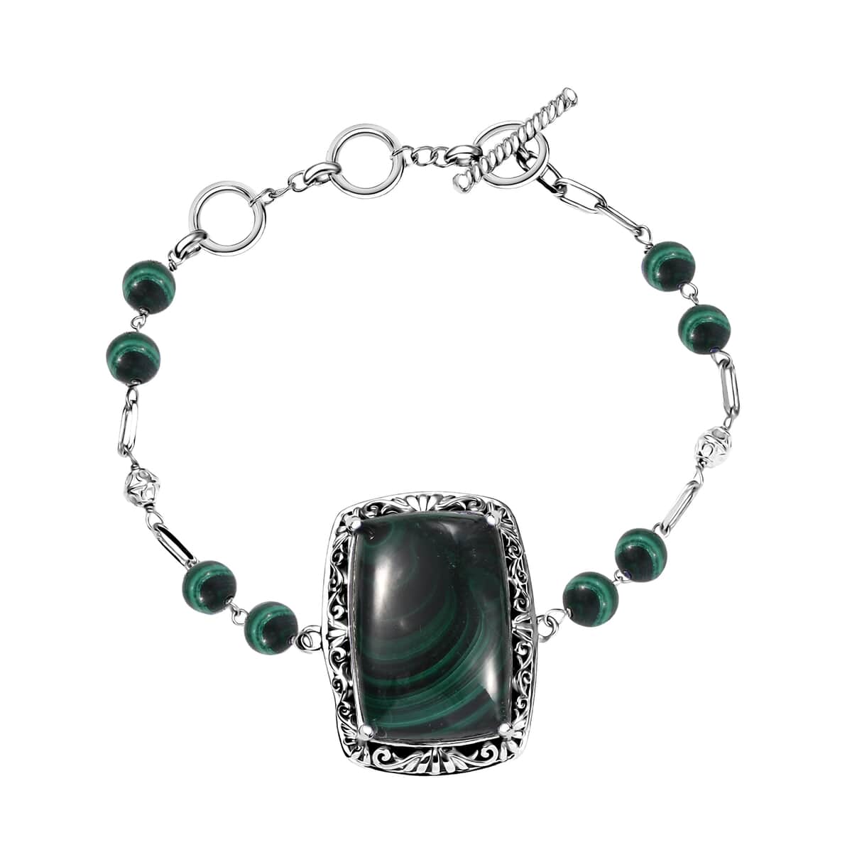 African Malachite Toggle Clasp 50.20 ctw Bracelet in Platinum Over Copper with Magnet (7.25 In) image number 0