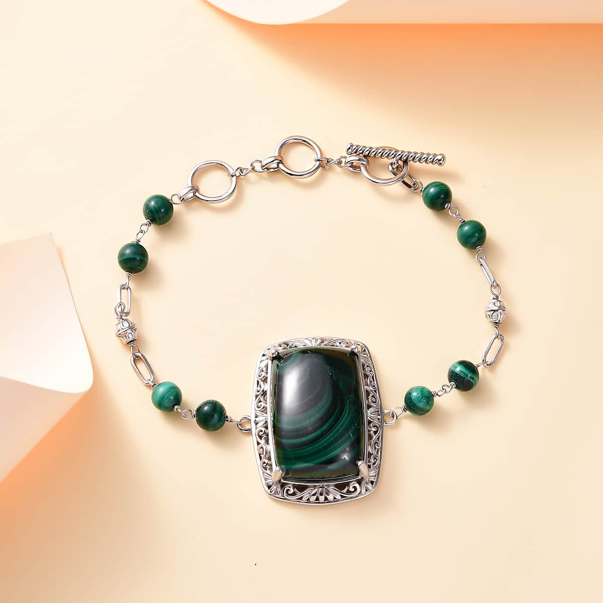 African Malachite Toggle Clasp 50.20 ctw Bracelet in Platinum Over Copper with Magnet (7.25 In) image number 1