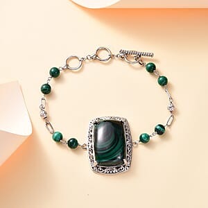 EverTrue African Malachite Toggle Clasp 50.20 ctw Bracelet in Platinum Over Copper with Magnet (7.25-9.0In) 