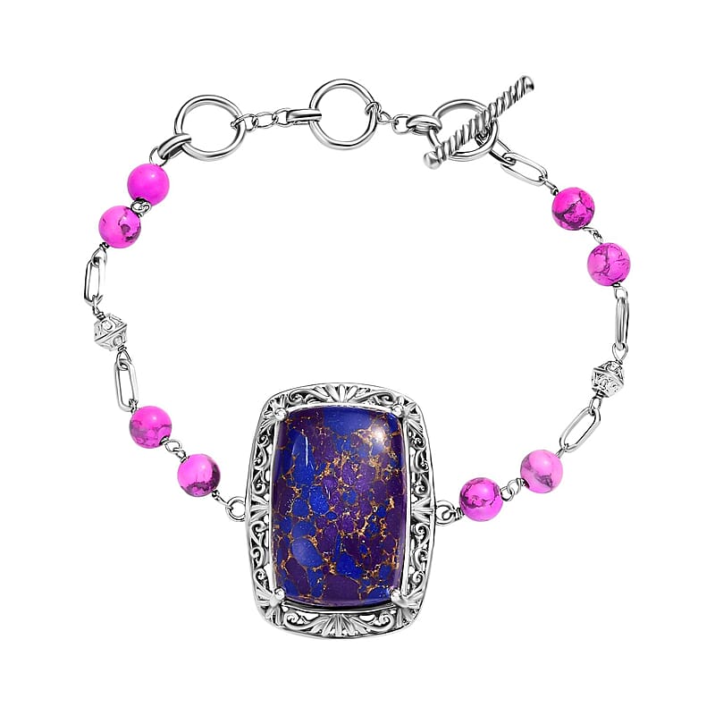 EverTrue Mojave Purple Turquoise 44.50 ctw Toggle Clasp Bracelet in Platinum Over Copper with Magnet (7.25-9.0In)