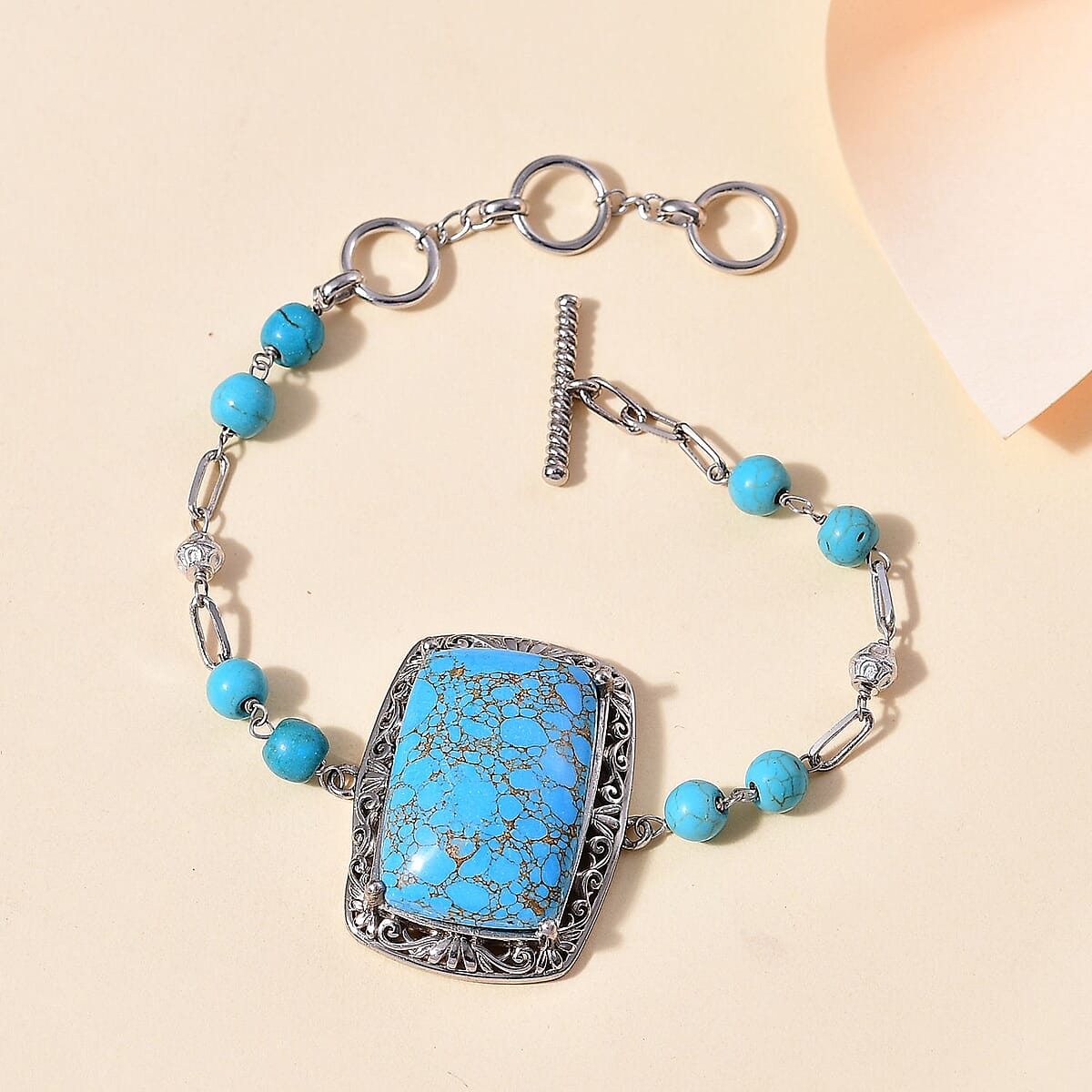 EverTrue Mojave Blue Turquoise 39.60 ctw Toggle Clasp Bracelet in Platinum Over Copper with Magnet (7.25-9.0In) image number 1