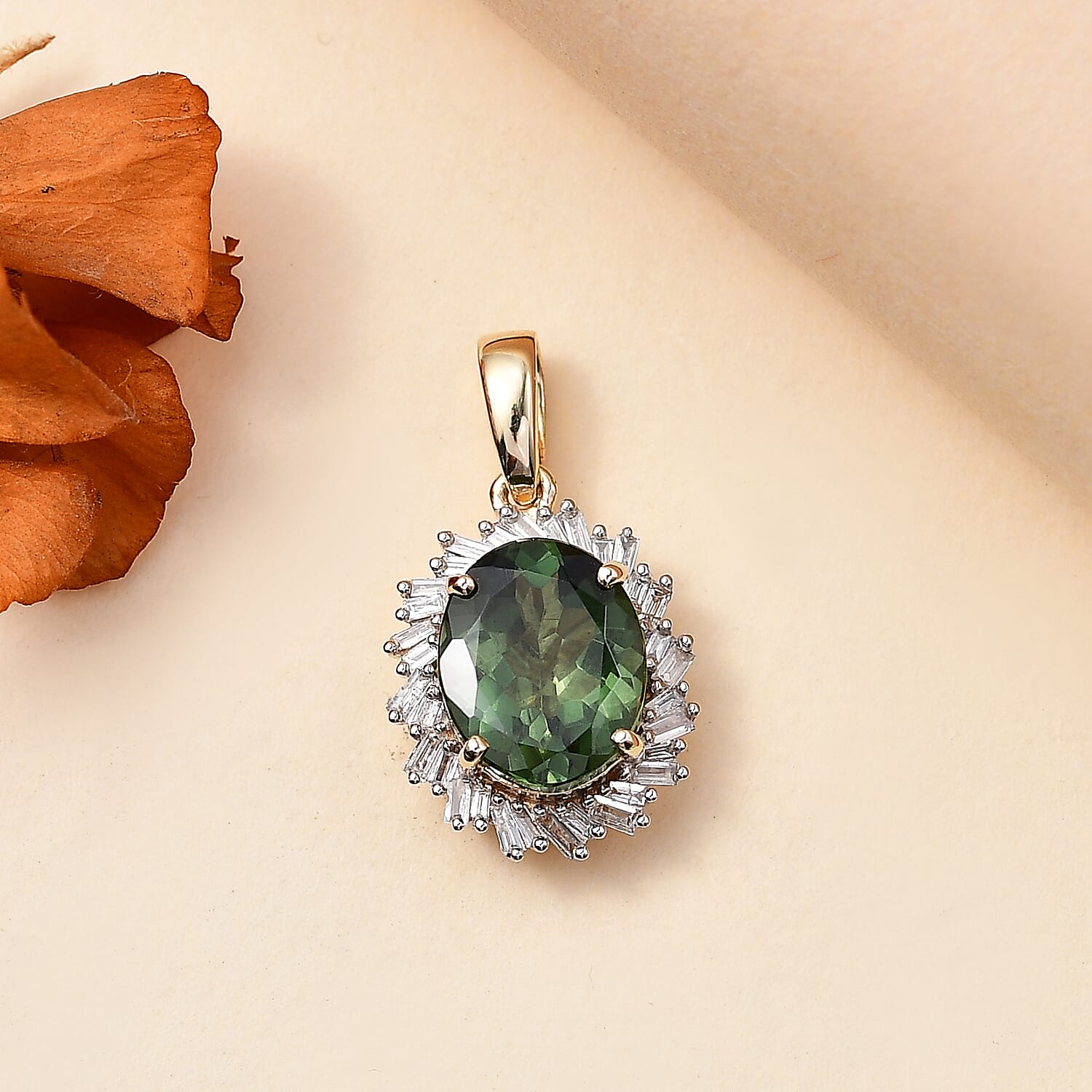 Luxoro Premium Madagascar Green Apatite and G-H I2 Diamond 3.15 ctw Verdant Blossom Pendant without Chain in 10K Yellow Gold