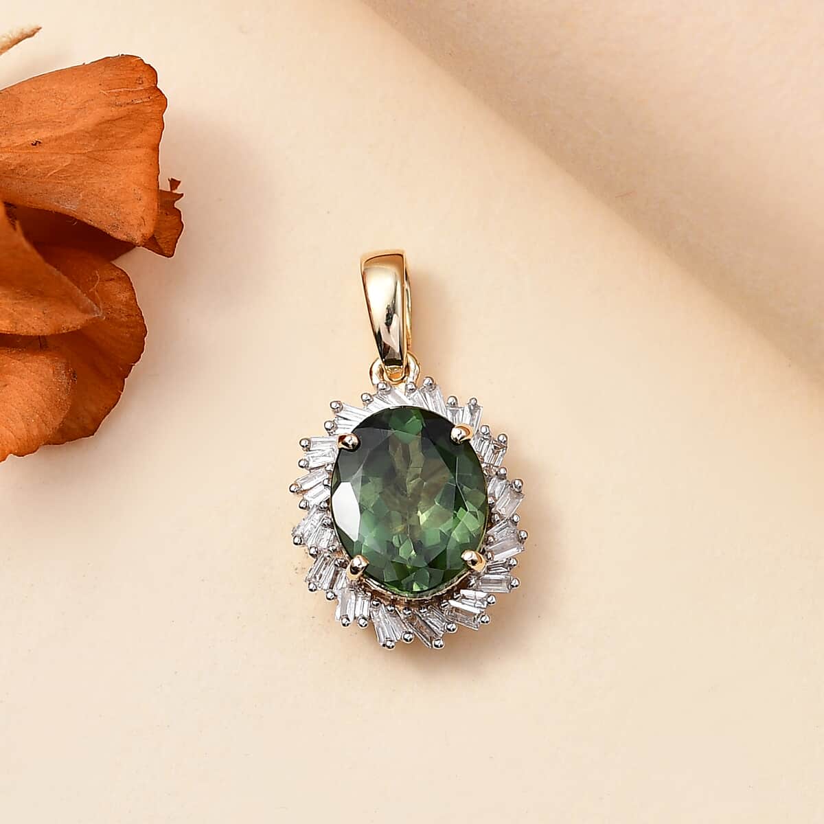 Luxoro Premium Madagascar Green Apatite and G-H I2 Diamond 3.15 ctw Verdant Blossom Pendant in 10K Yellow Gold image number 1