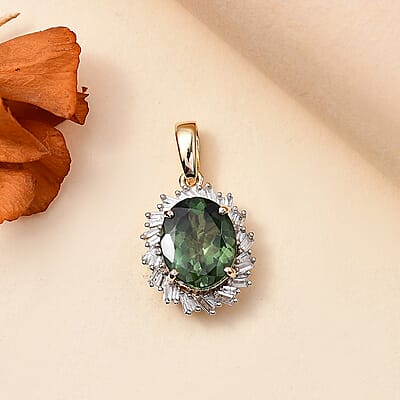 Luxoro Premium Madagascar Green Apatite and G-H I2 Diamond 3.15 ctw Verdant Blossom Pendant without Chain in 10K Yellow Gold