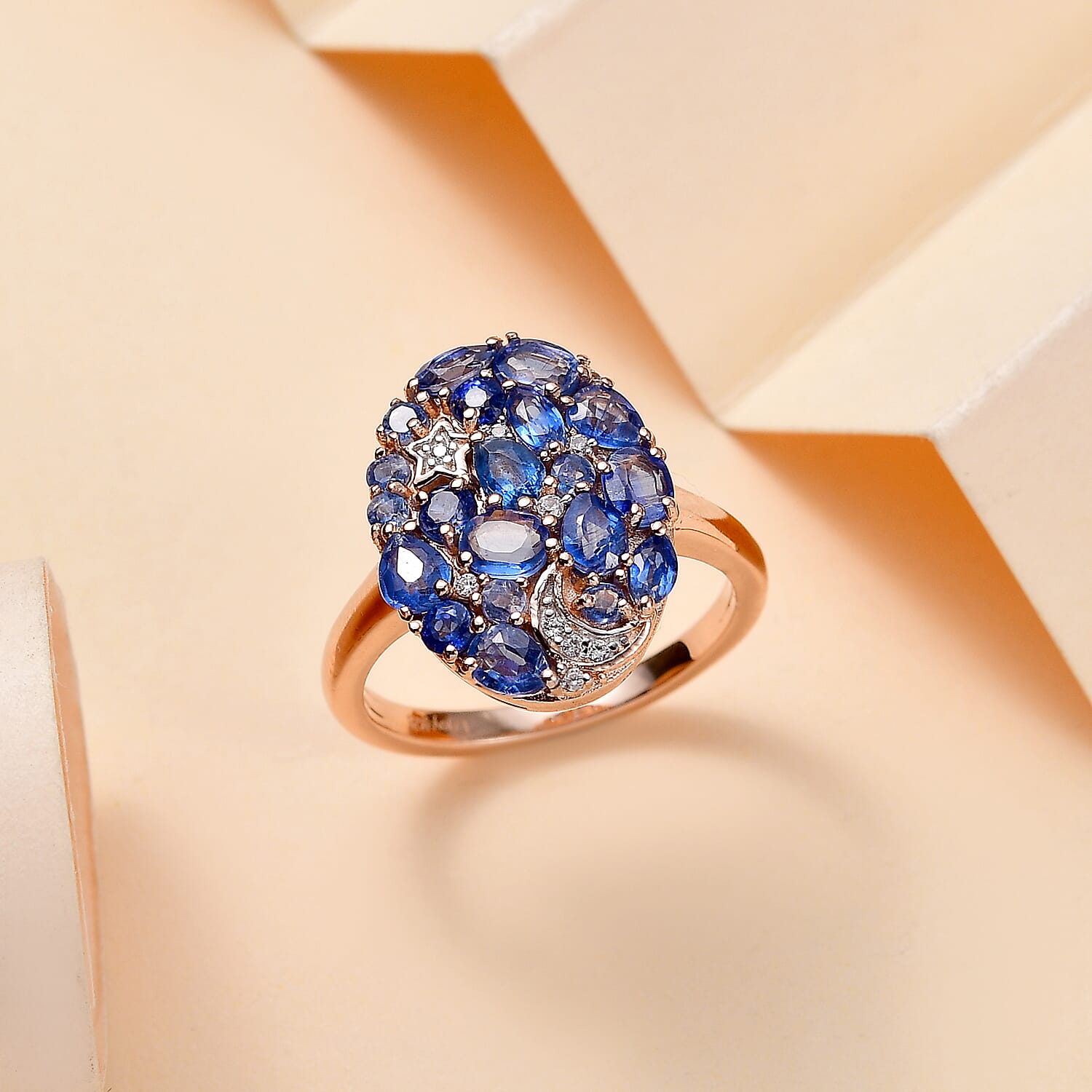 Kashmir Kyanite and White Zircon 2.65 ctw Celestial Ring in 18K Vermeil Rose Gold Over Sterling Silver (Size 10.0) 