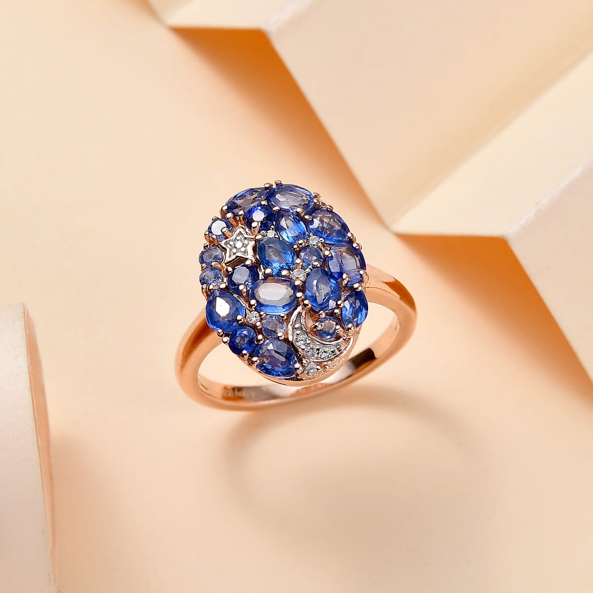 Kashmir Kyanite, White Zircon Celestial Ring in 18K Vermeil RG Over Sterling Silver (Size 8.0) 2.65 ctw image number 1