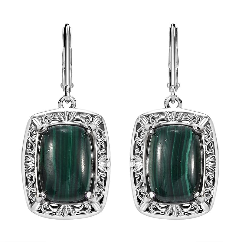 EverTrue African Malachite 19.70 ctw Lever Back Earrings in Platinum Over Copper with Magnet