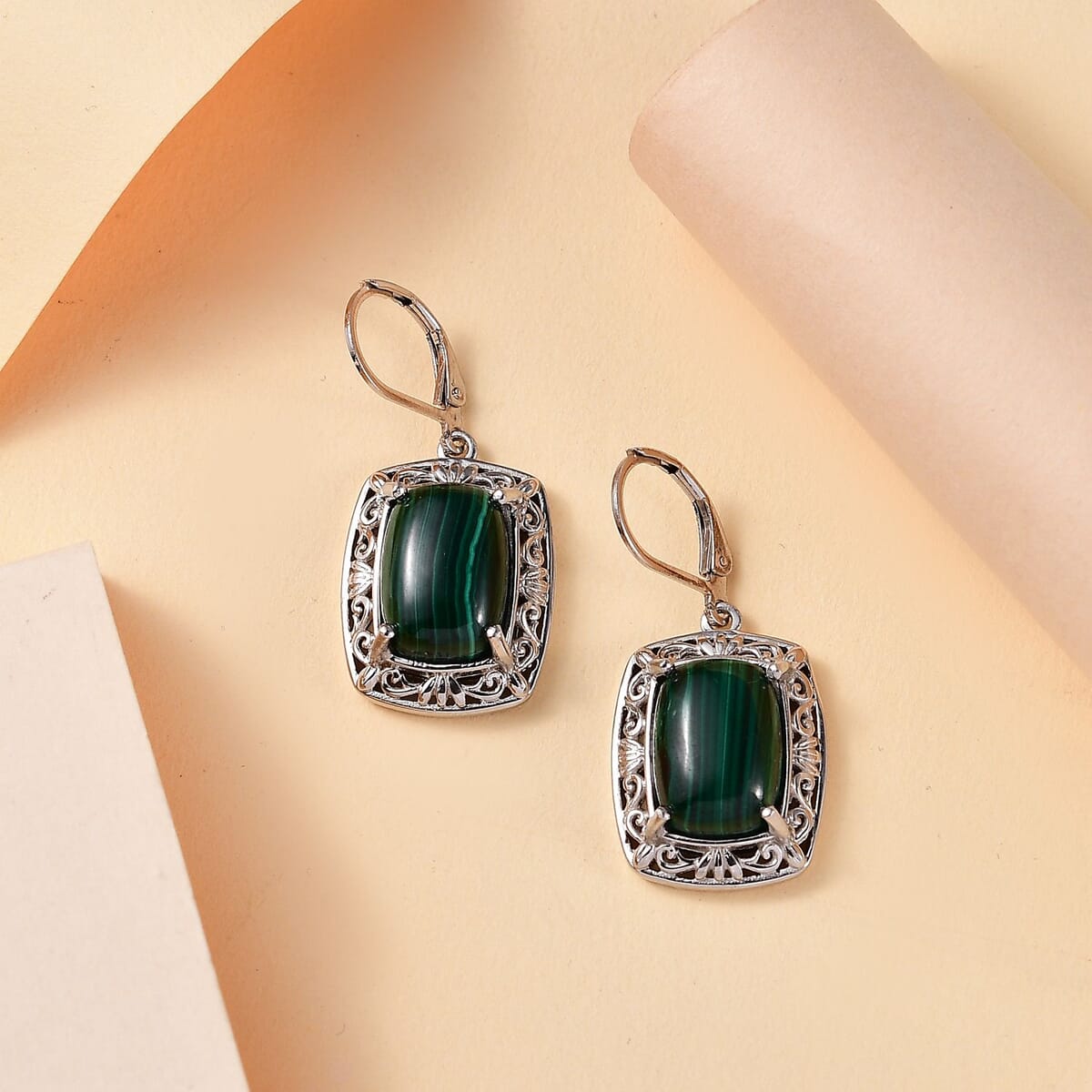 African Malachite 19.70 ctw Lever Back Earrings in Platinum Over Copper with Magnet image number 1
