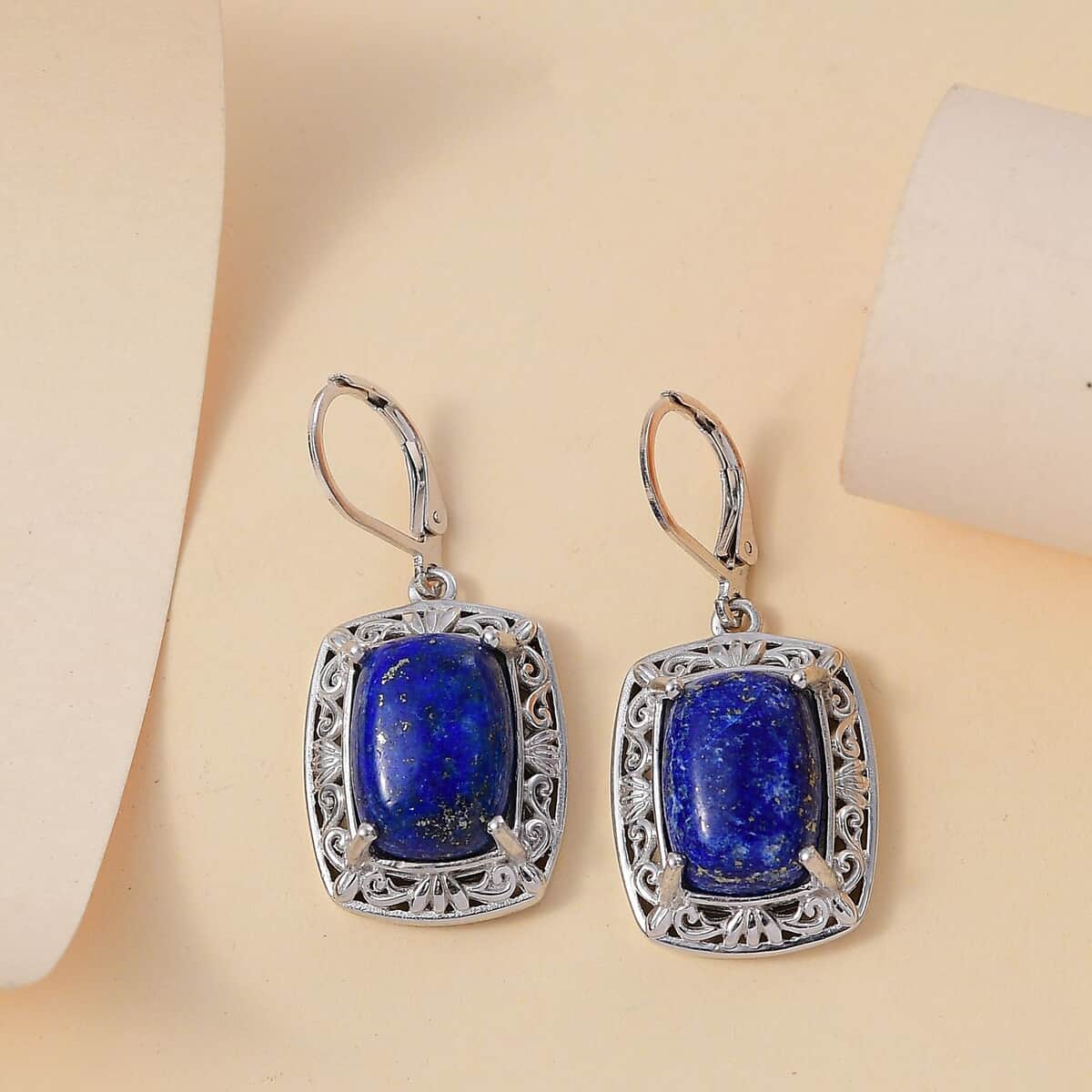 Lapis Lazuli 14.90 ctw Solitaire Lever Back Earrings in Platinum Over Copper with Magnet image number 1