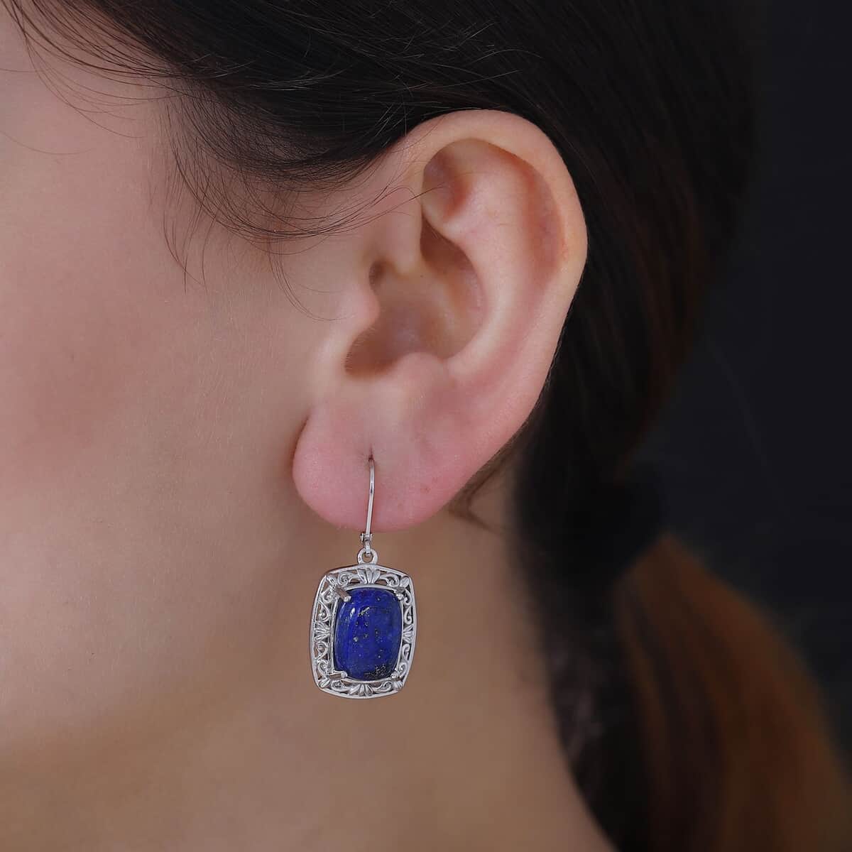 Lapis Lazuli 14.90 ctw Solitaire Lever Back Earrings in Platinum Over Copper with Magnet image number 2