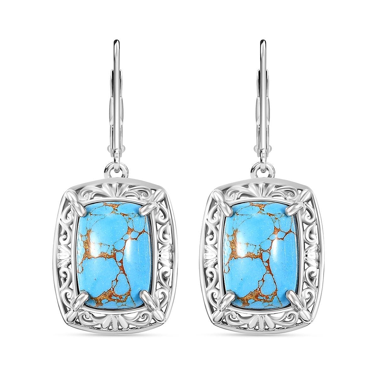 EverTrue Mojave Blue Turquoise 11.30 ctw Solitaire Lever Back Earrings in Platinum Over Copper with Magnet image number 0