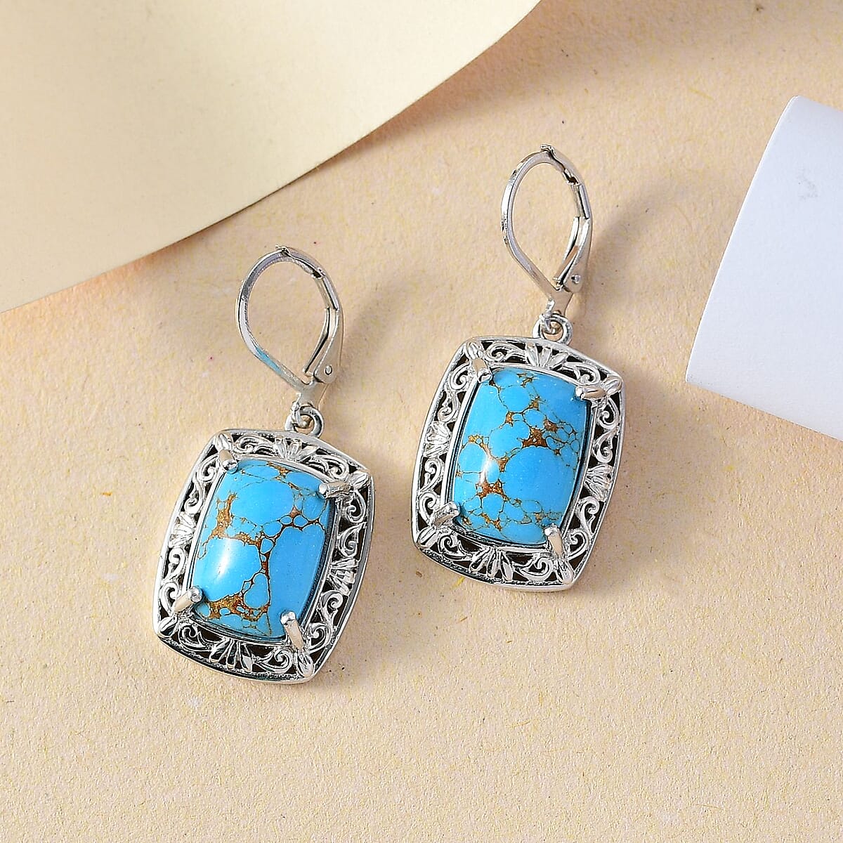 EverTrue Mojave Blue Turquoise 11.30 ctw Solitaire Lever Back Earrings in Platinum Over Copper with Magnet image number 1