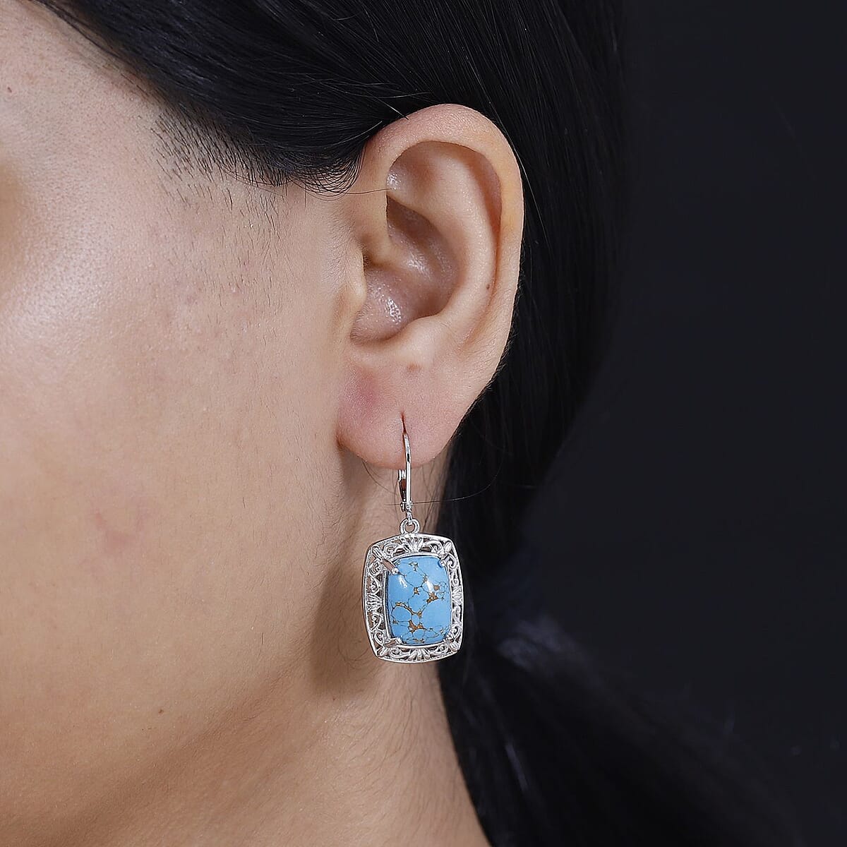 EverTrue Mojave Blue Turquoise 11.30 ctw Solitaire Lever Back Earrings in Platinum Over Copper with Magnet image number 2