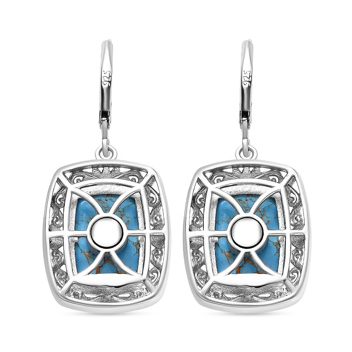 EverTrue Mojave Blue Turquoise 11.30 ctw Solitaire Lever Back Earrings in Platinum Over Copper with Magnet image number 3