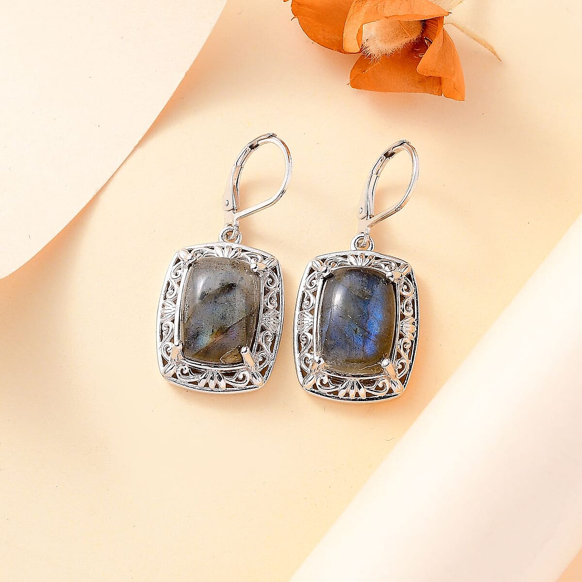 EverTrue Malagasy Labradorite 13.60 ctw Solitaire Lever Back Earrings in Platinum Over Copper with Magnet image number 1