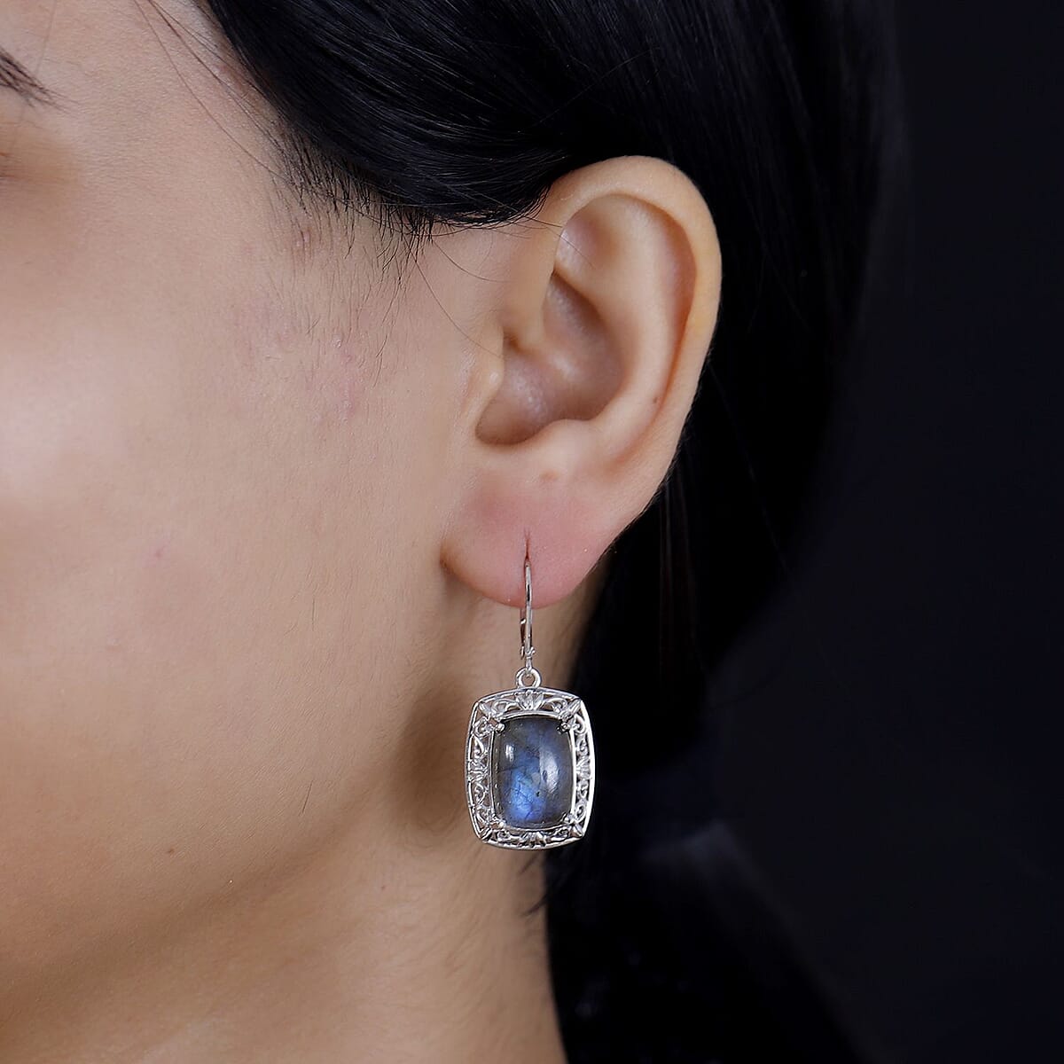 EverTrue Malagasy Labradorite 13.60 ctw Solitaire Lever Back Earrings in Platinum Over Copper with Magnet image number 3