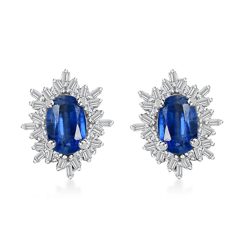 Kashmir Kyanite and Diamond 1.40 ctw Stud Earrings in Rhodium Over Sterling Silver