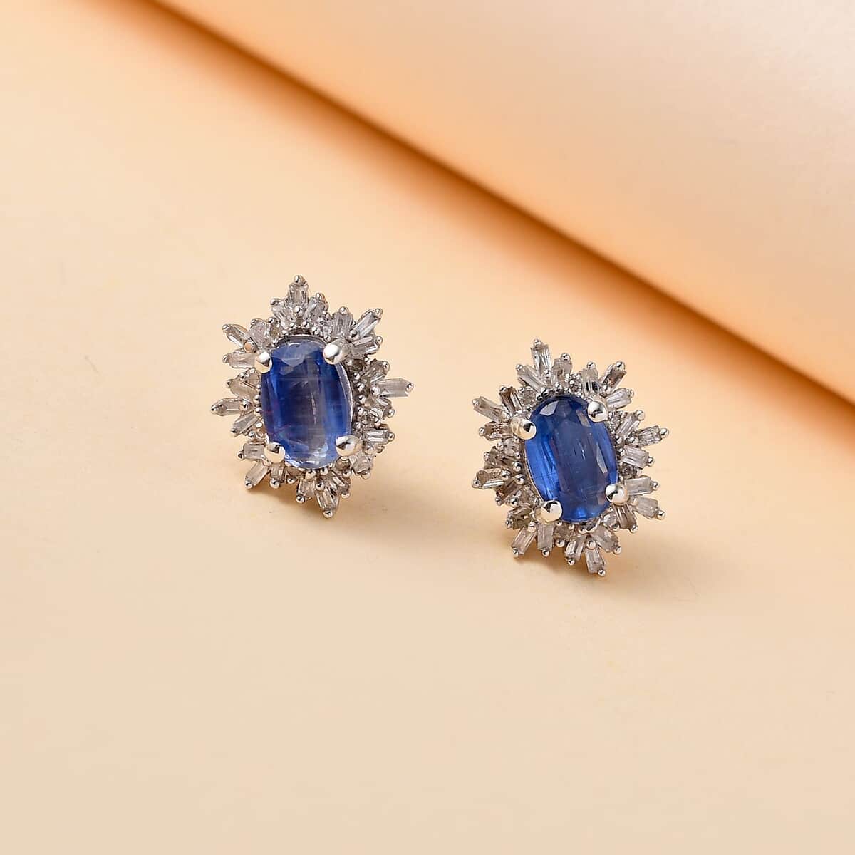 Kashmir Kyanite and Diamond 1.40 ctw Stud Earrings in Rhodium Over Sterling Silver image number 1