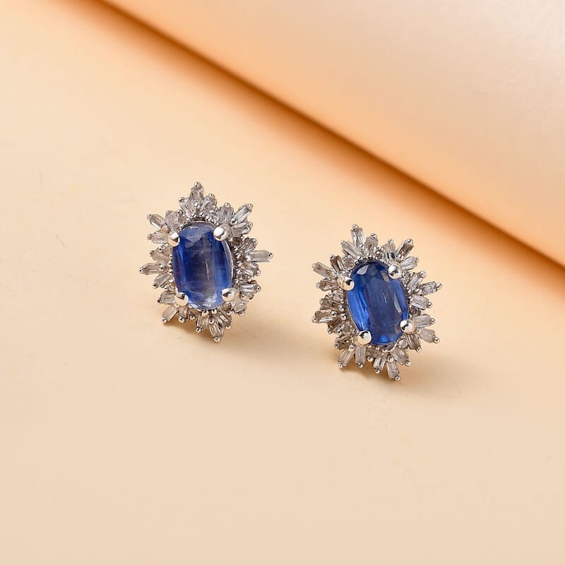 Kashmir Kyanite and Diamond 1.40 ctw Stud Earrings in Rhodium Over Sterling Silver
