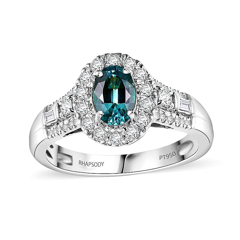 Certified & Appraised Rhapsody AAAA Pirineu Lagoon Tourmaline and E-F VS Diamond 1.15 ctw Ring in 950 Platinum (Size 6.0) 6.05 Grams