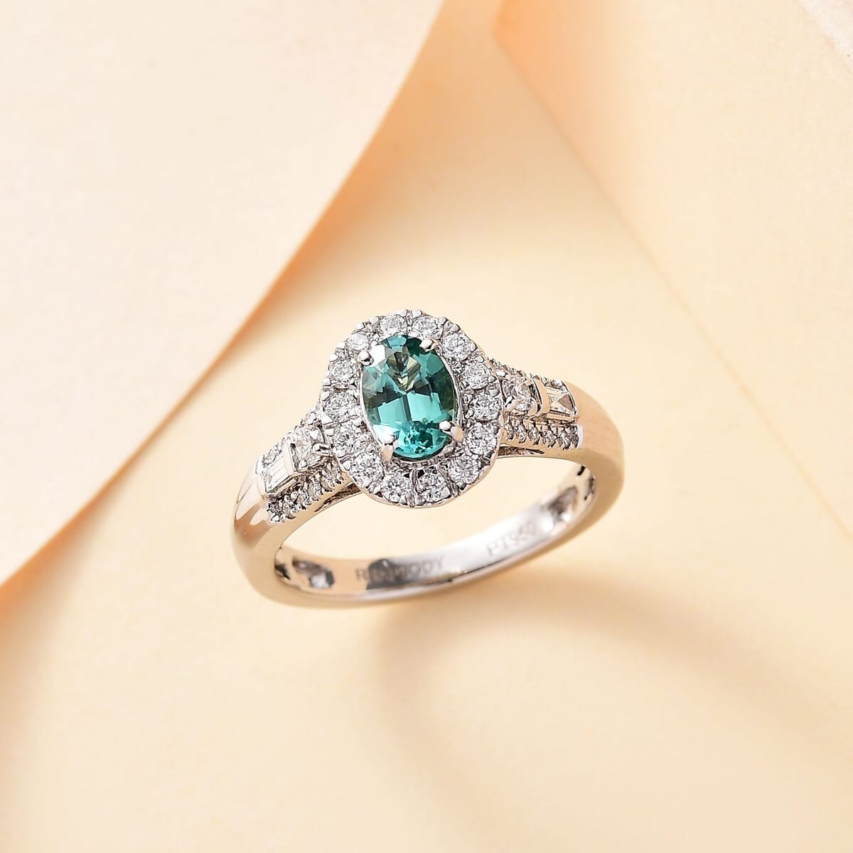 Certified & Appraised Rhapsody AAAA Pirineu Lagoon Tourmaline and E-F VS Diamond 1.15 ctw Ring in 950 Platinum (Size 8.0) 6.05 Grams image number 1