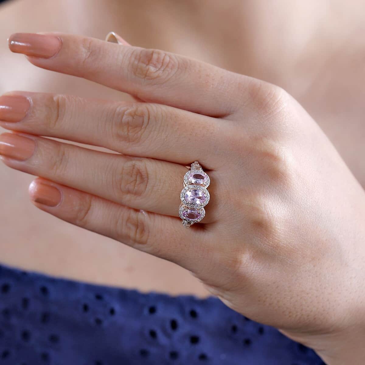 Narsipatnam Pink Spinel and White Zircon 2.40 ctw Trilogy Blossom Ring in 18K Vermeil Rose Gold Over Sterling Silver (Size 10.0) image number 2