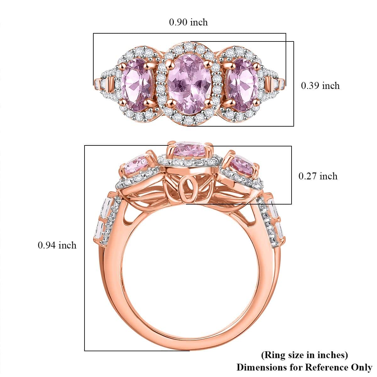 Narsipatnam Pink Spinel and White Zircon 2.40 ctw Trilogy Blossom Ring in 18K Vermeil Rose Gold Over Sterling Silver (Size 10.0) image number 5