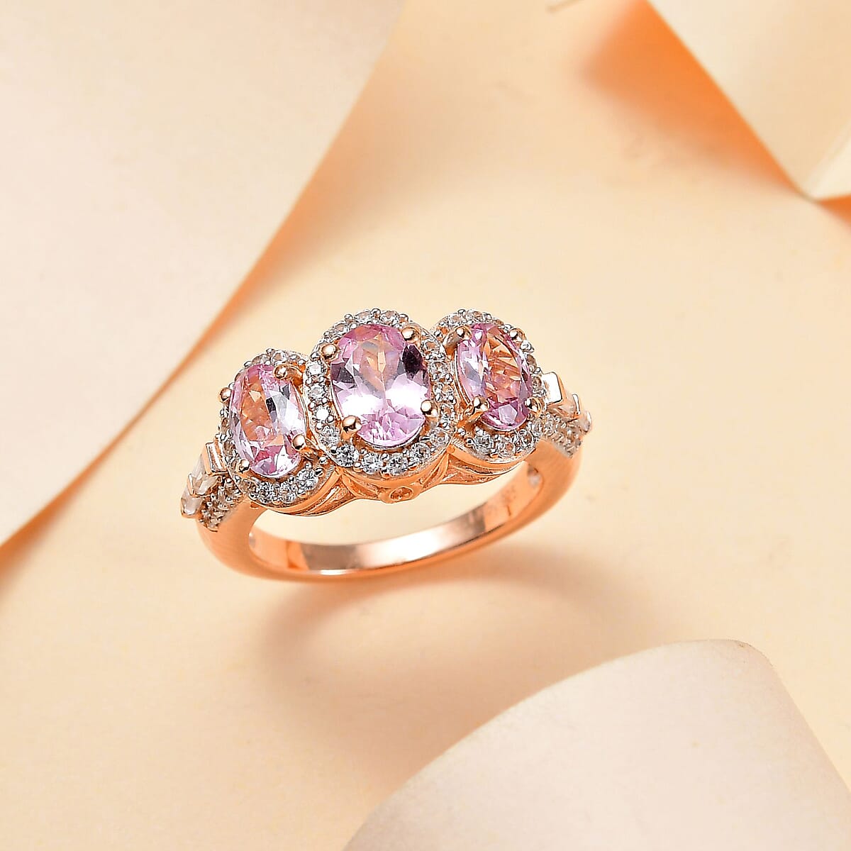 Narsipatnam Pink Spinel and White Zircon 2.40 ctw Trilogy Blossom Ring in 18K Vermeil Rose Gold Over Sterling Silver (Size 7.0) image number 1