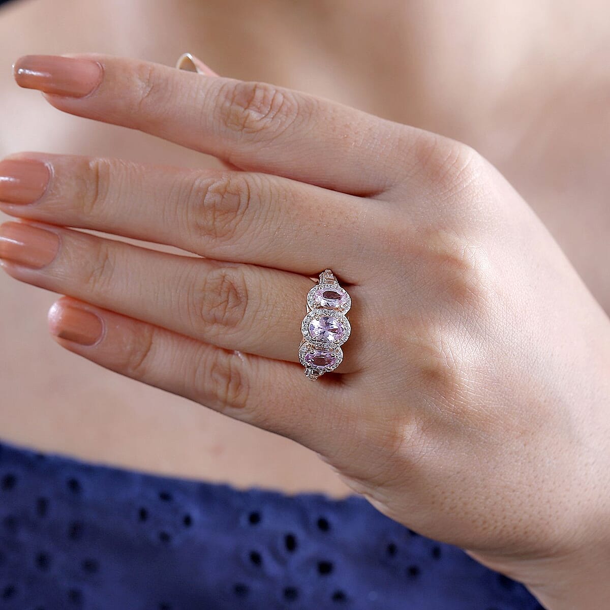 Narsipatnam Pink Spinel and White Zircon 2.40 ctw Trilogy Blossom Ring in 18K Vermeil Rose Gold Over Sterling Silver (Size 7.0) image number 2