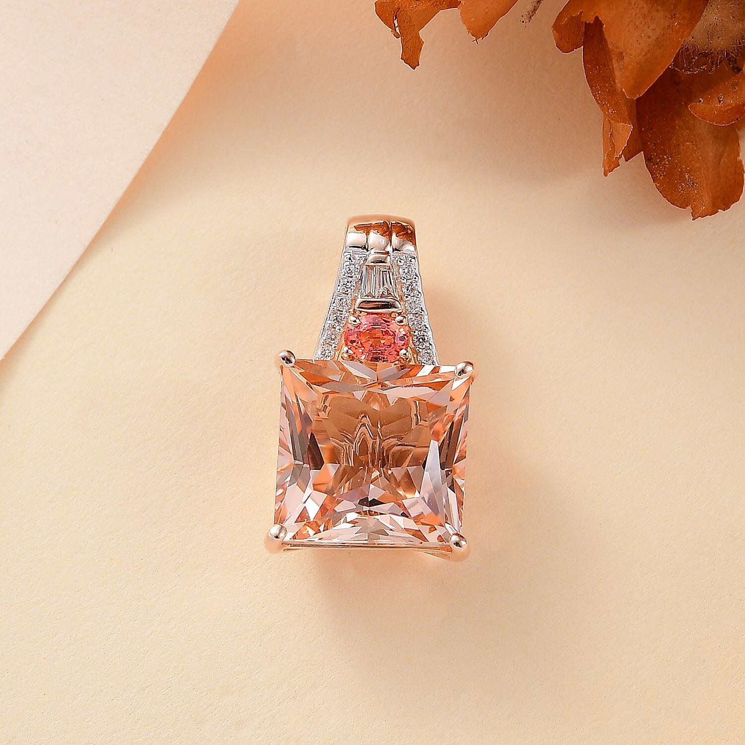 Luxoro AAA Marropino Morganite, Padparadscha Sapphire (Beryllium Treated) and G-H I2 Diamond 8.40 ctw Lotus Pendant without Chain in 14K Rose Gold