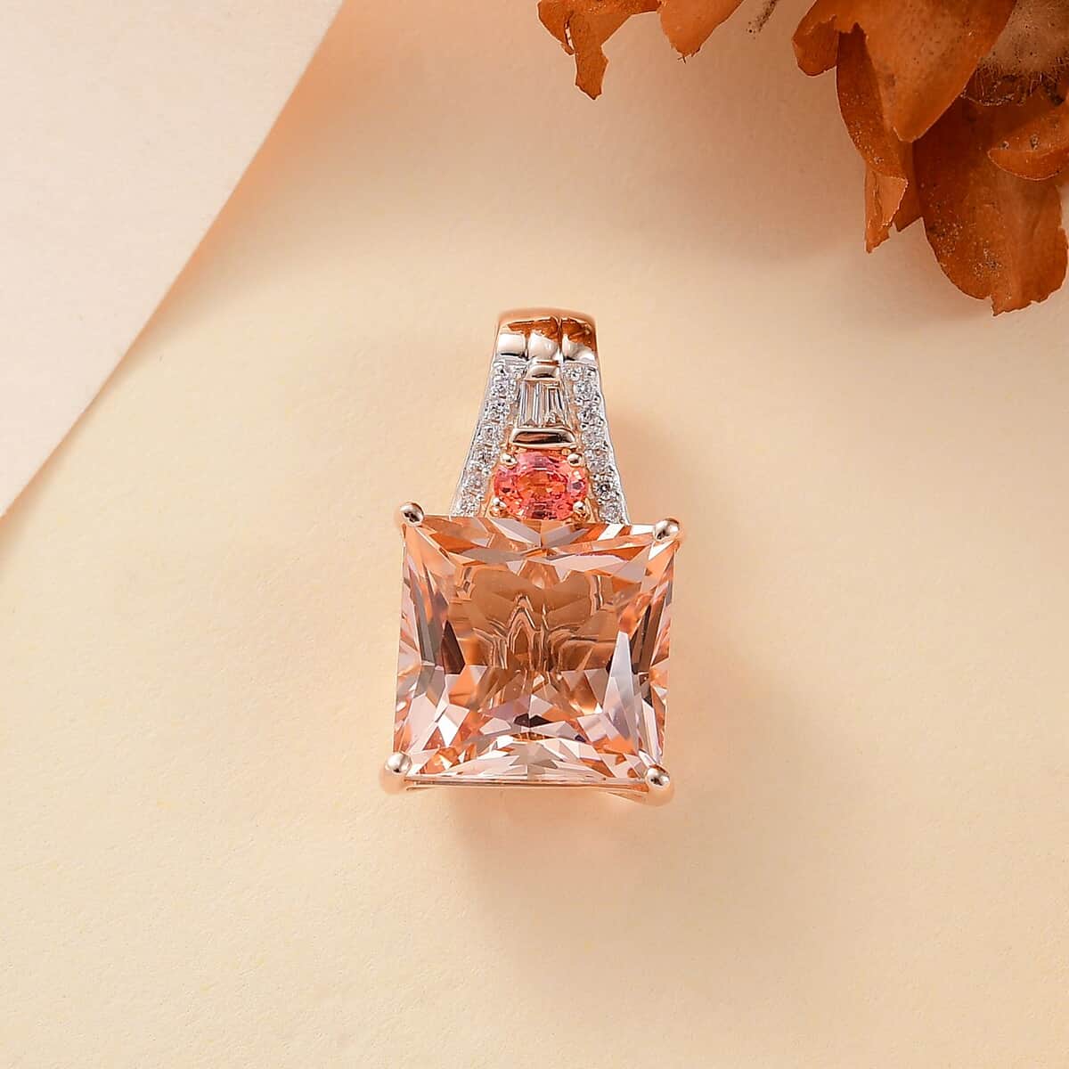 Luxoro AAA Marropino Morganite, Padparadscha Sapphire (Beryllium Treated) and G-H I2 Diamond 8.40 ctw Lotus Pendant in 14K Rose Gold image number 1