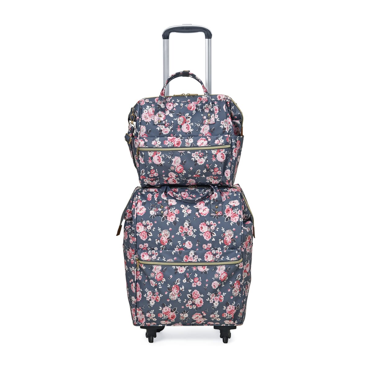 Set of 2 Travel Bags, Gray Flower Backpack with Wheel and Adjustable Handle (13.4"x7.7"x17") and Tote Bag (11.4"x5.9"x11.4") image number 0