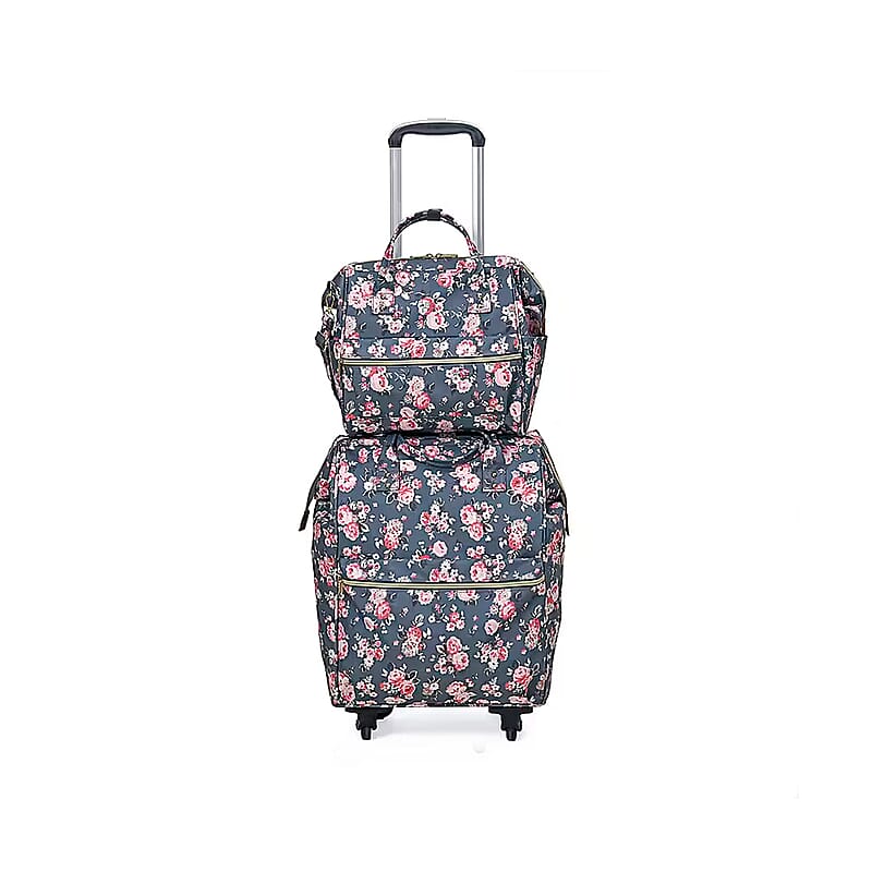 Set of 2 Travel Bags, Gray Flower Backpack with Wheel and Adjustable Handle and Tote Bag