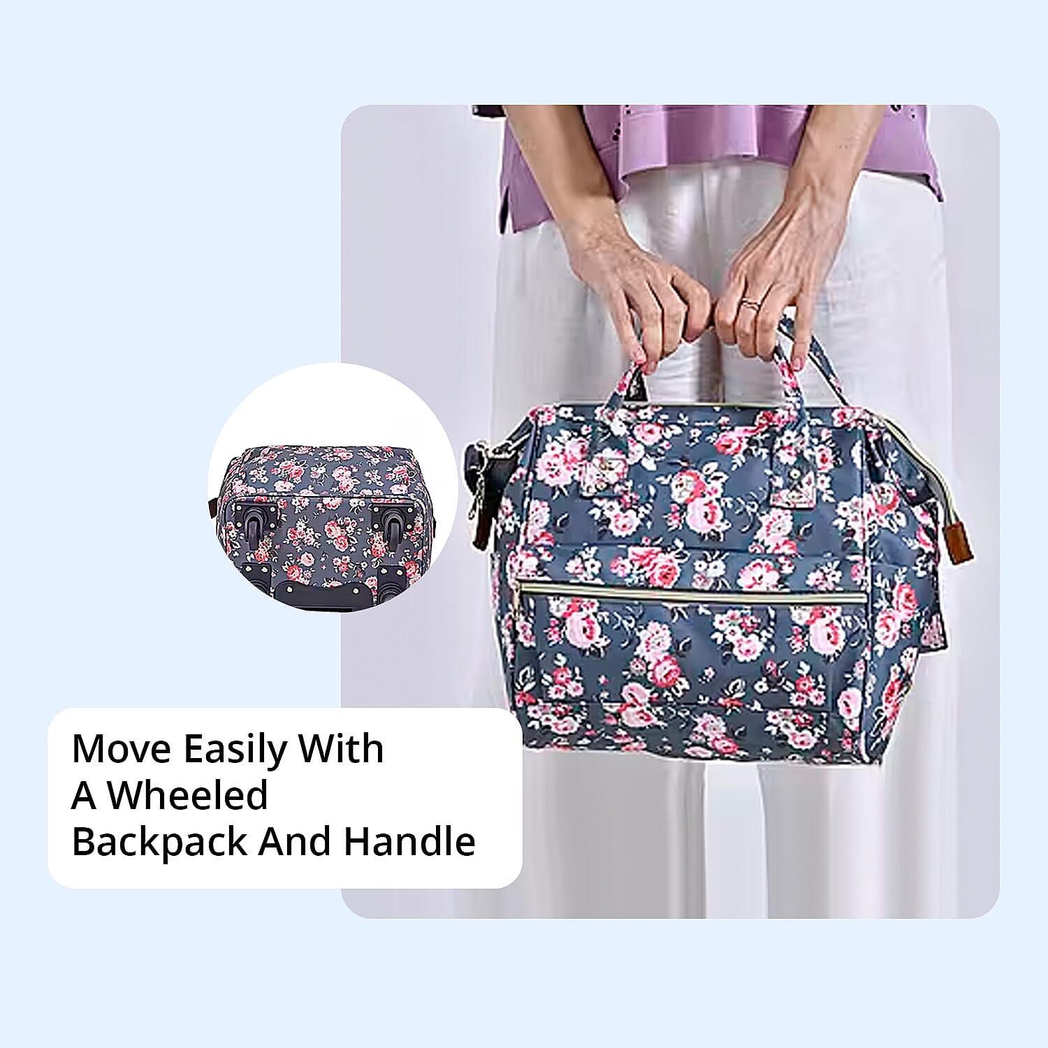 Set of 2 Travel Bags, Gray Flower Backpack with Wheel and Adjustable Handle and Tote Bag