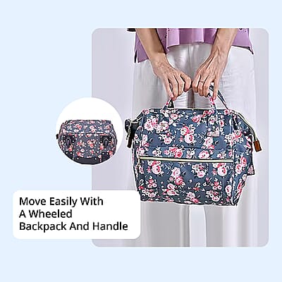 Set of 2 Travel Bags, Gray Flower Backpack with Wheel and Adjustable Handle and Tote Bag