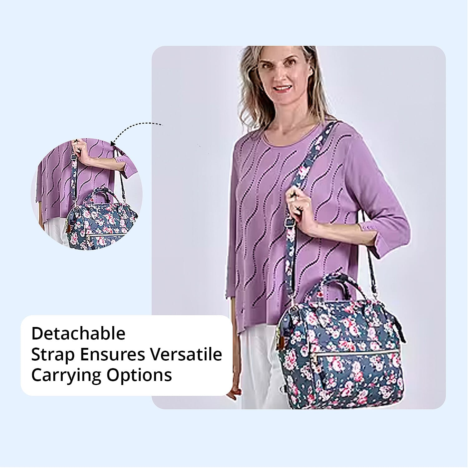 Set of 2 Travel Bags, Gray Flower Backpack with Wheel and Adjustable Handle and Tote Bag