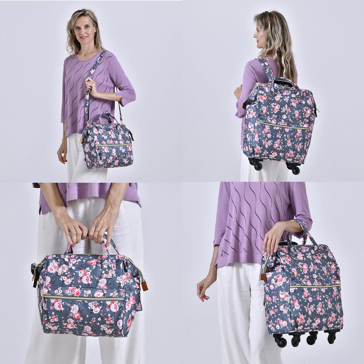 Set of 2 Travel Bags, Gray Flower Backpack with Wheel and Adjustable Handle (13.4"x7.7"x17") and Tote Bag (11.4"x5.9"x11.4") image number 2