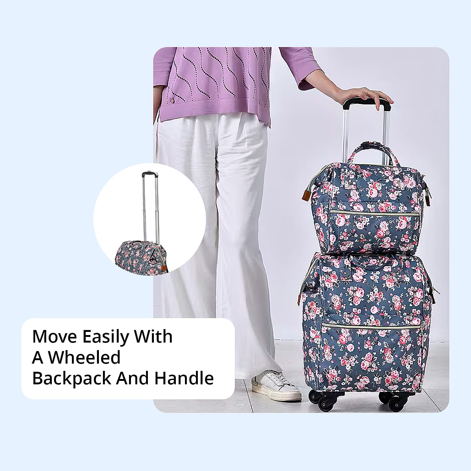 Set of 2 Travel Bags, Gray Flower Backpack with Wheel and Adjustable Handle and Tote Bag