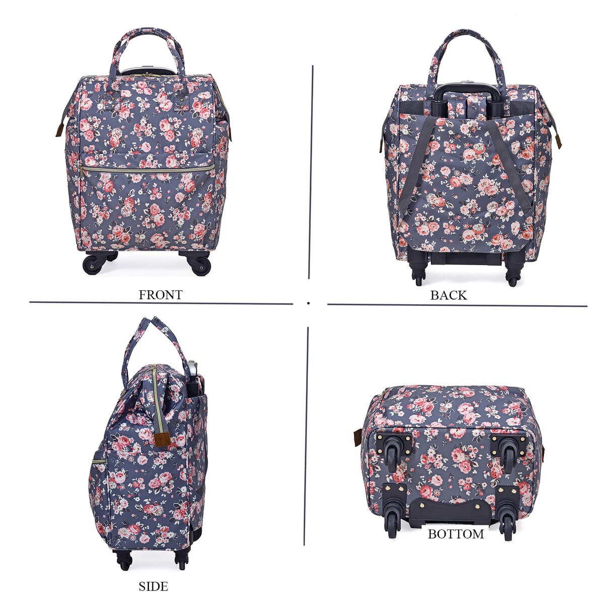 Set of 2 Travel Bags, Gray Flower Backpack with Wheel and Adjustable Handle (13.4"x7.7"x17") and Tote Bag (11.4"x5.9"x11.4") image number 3