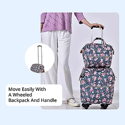 Set of 2 Travel Bags, Gray Flower Backpack with Wheel and Adjustable Handle and Tote Bag