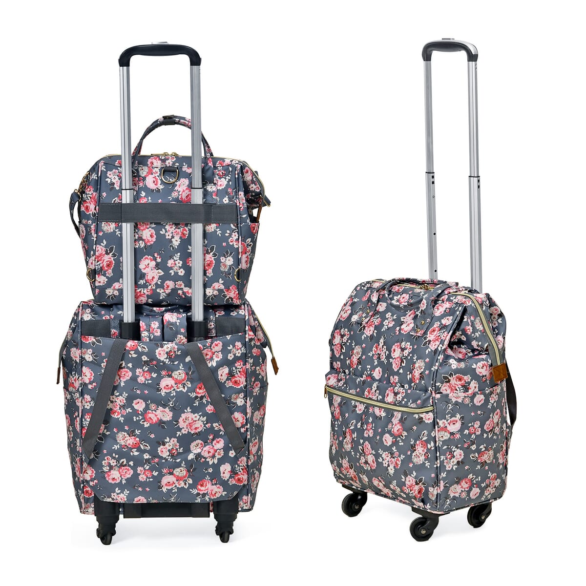 Set of 2 Travel Bags, Gray Flower Backpack with Wheel and Adjustable Handle (13.4"x7.7"x17") and Tote Bag (11.4"x5.9"x11.4") image number 4