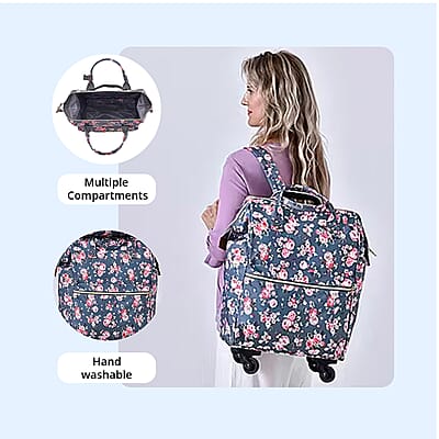 Set of 2 Travel Bags, Gray Flower Backpack with Wheel and Adjustable Handle and Tote Bag