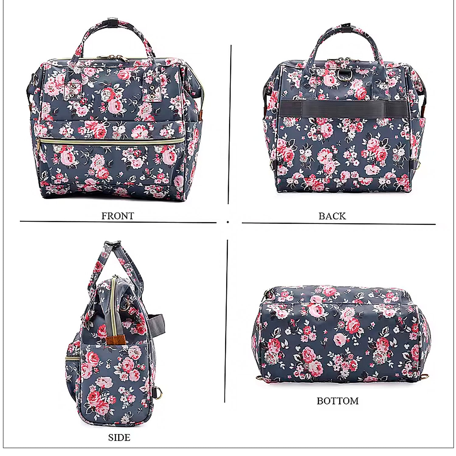 Set of 2 Travel Bags, Gray Flower Backpack with Wheel and Adjustable Handle and Tote Bag
