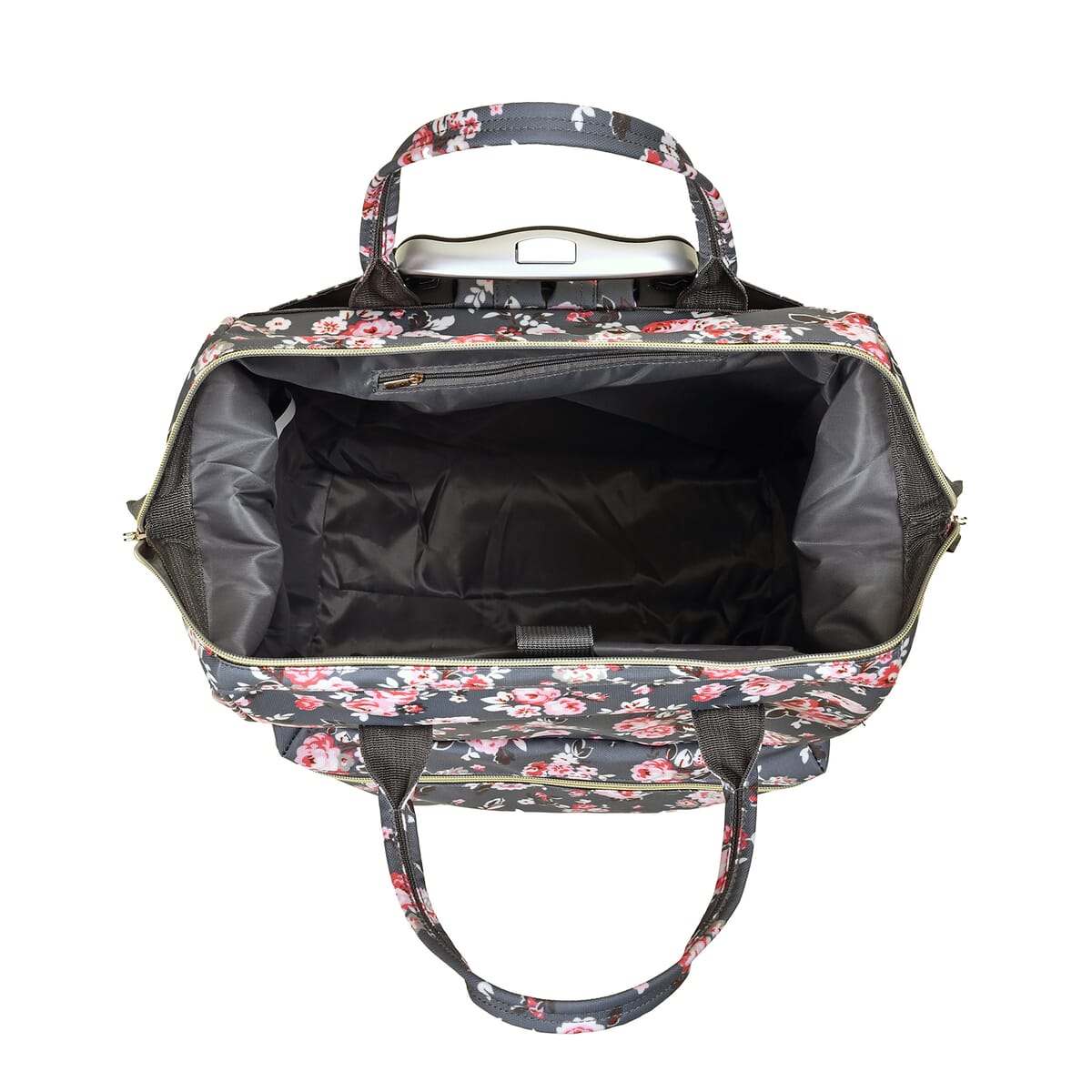 Set of 2 Travel Bags, Gray Flower Backpack with Wheel and Adjustable Handle (13.4"x7.7"x17") and Tote Bag (11.4"x5.9"x11.4") image number 5