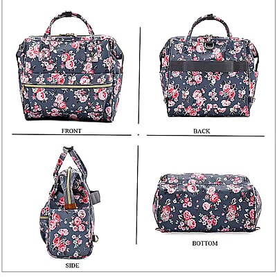 Set of 2 Travel Bags, Gray Flower Backpack with Wheel and Adjustable Handle and Tote Bag
