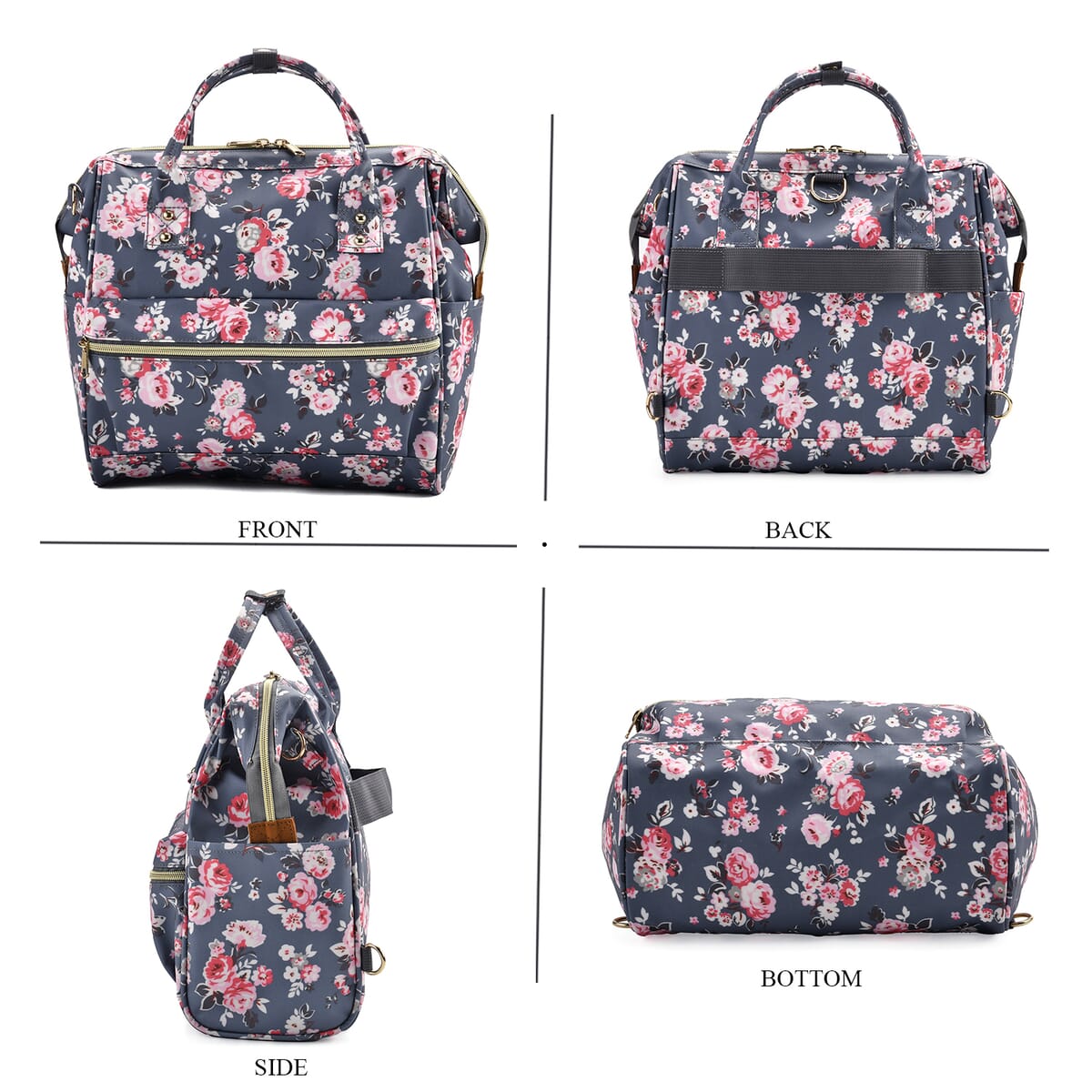 Set of 2 Travel Bags, Gray Flower Backpack with Wheel and Adjustable Handle (13.4"x7.7"x17") and Tote Bag (11.4"x5.9"x11.4") image number 6