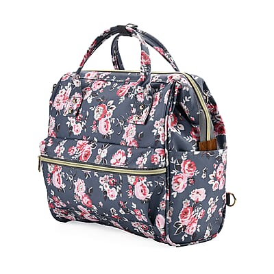 Set of 2 Travel Bags, Gray Flower Backpack with Wheel and Adjustable Handle and Tote Bag