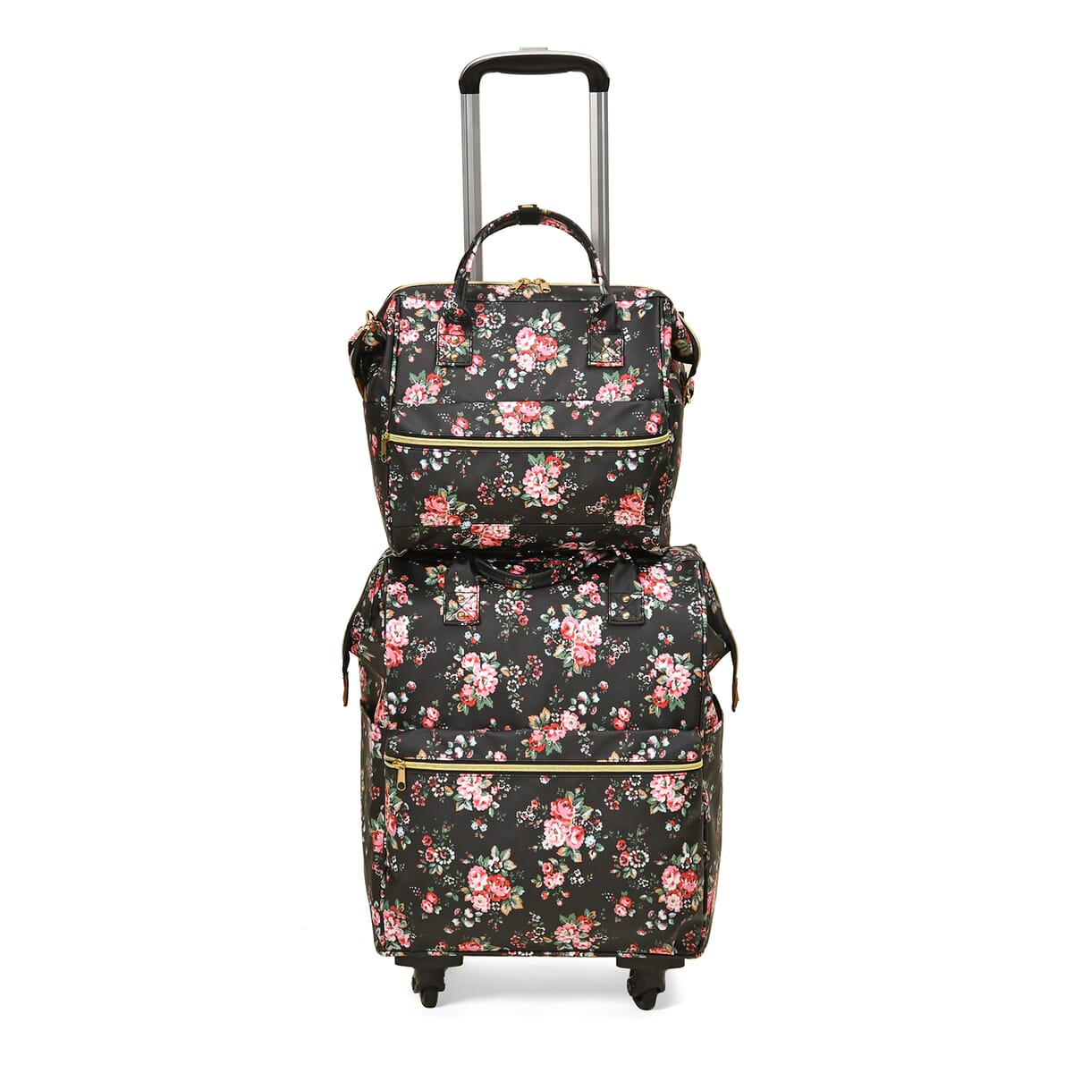 Set of 2 Travel Bags, Black Flower Backpack with Wheel and Adjustable Handle and Tote Bag image number 0