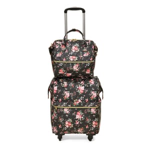 Set of 2 Travel Bags, Black Flower Backpack with Wheel and Adjustable Handle and Tote Bag